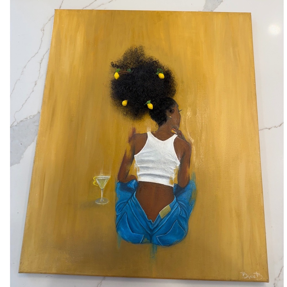 Byana B Original Mixed Media Acrylic Painting 16x20 Black Woman 3D Hair Lemons